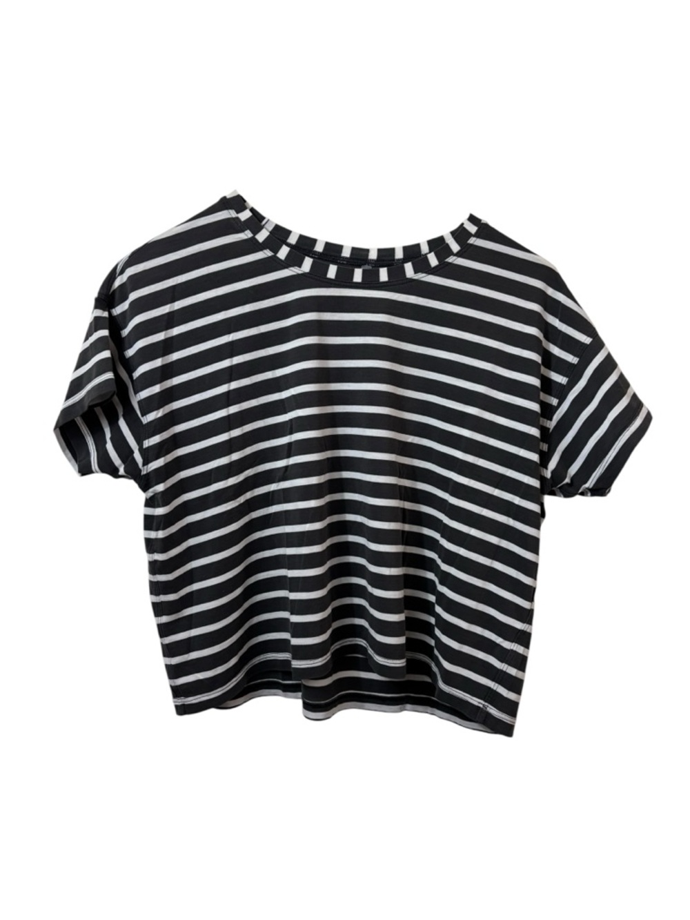 Lululemon Black White Striped Cropped Tee‎ Relaxed Boxy Short Sleeve Crew Neck